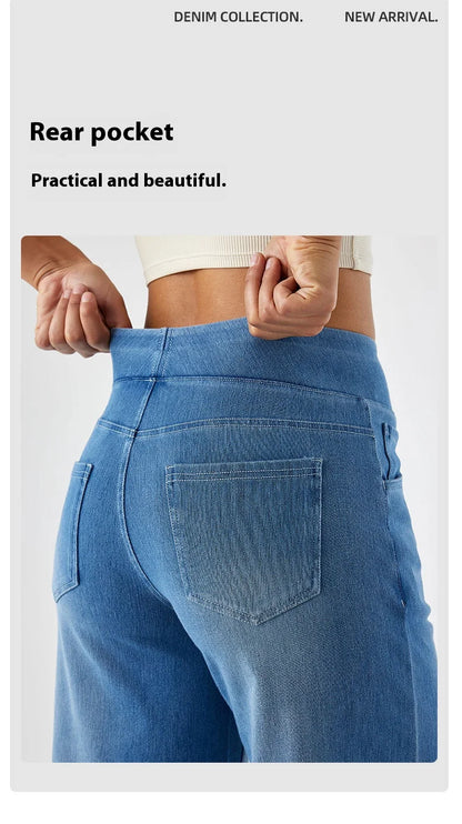 Women's New Large Size Denim Wide-Legged Trousers American High-Waisted Thin Straight Loose Casual Trousers Casual Jeans.