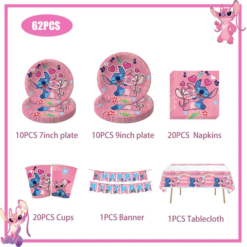 Disney Rosa Stich Geburtstag Party Dekorationen Geschirr Set Tischdecke Hintergrund Banner Für Kinder Geburtstag Dekorationen Lieferungen