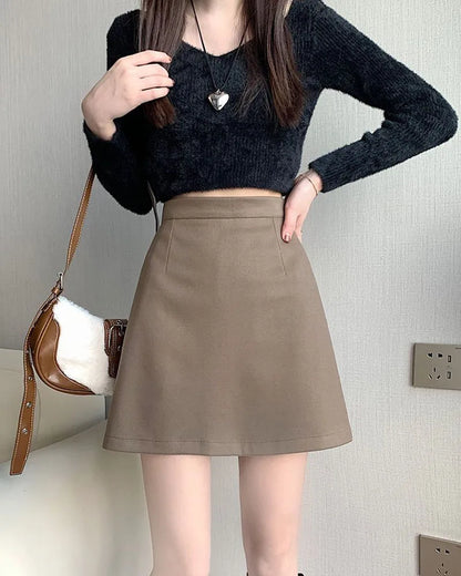 Autumn Winter Womens Woolen Skirt 2024 New Korean Style High Waist Bodycon Mini Skirts Ladies College Style Zipper A-Line Skirt.