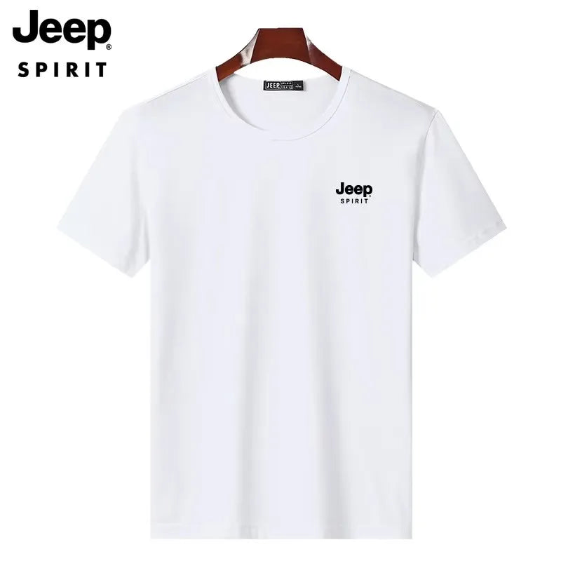 JEEP SPIRIT Mens T-shirt Summer 100%Cotton 230g Heavy Print Sports Breathable Round Neck Top Loose Solid Short Sleeve