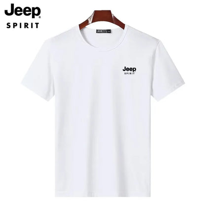 JEEP SPIRIT Mens T-shirt Summer 100%Cotton 230g Heavy Print Sports Breathable Round Neck Top Loose Solid Short Sleeve