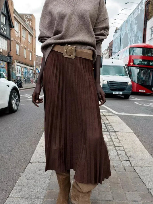 European and American style autumn new fashion trend casual simple women's matching belt suede effect pleated midi skirt.