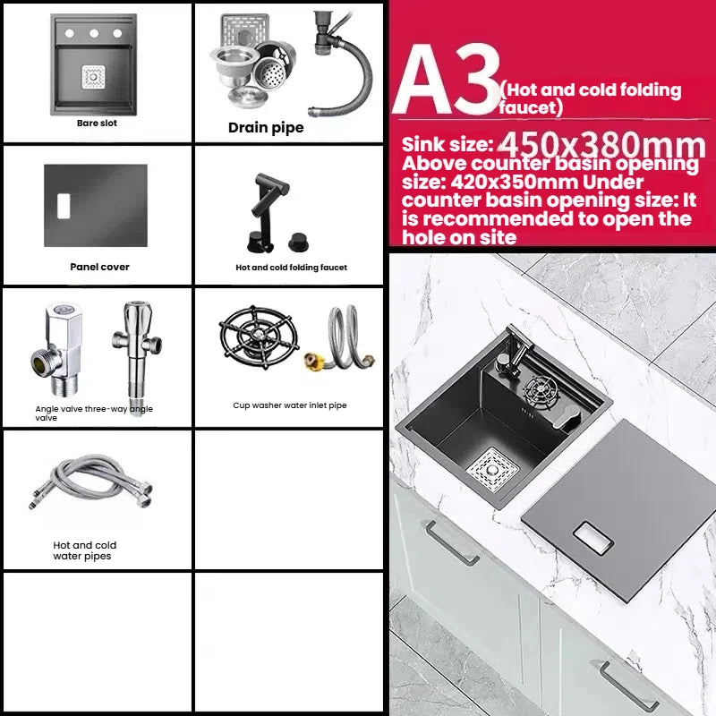 Household Small Hidden Kitchen Sink Stainless Steel Bar Wash Vegetable Basin With Cover Plate and Cup Washer Mini Single Slot