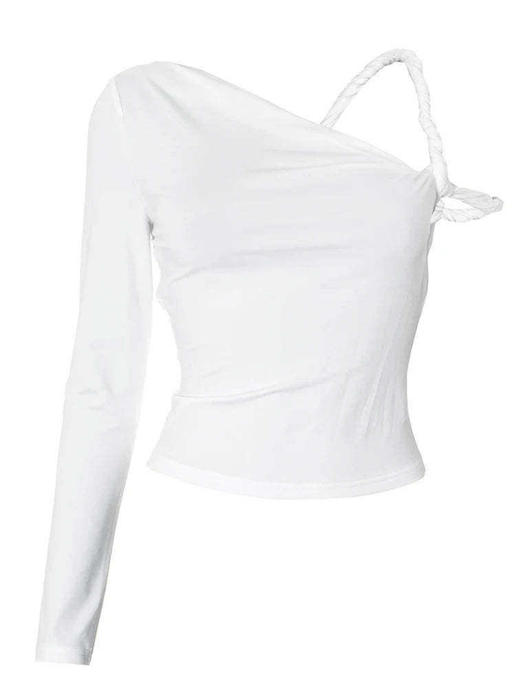 kliou Incline Shoulder Women T-shirts Classic New All-matched Single Sleeve Strap Skinny Crop Tees Mujer Chic Fashion Street Top.