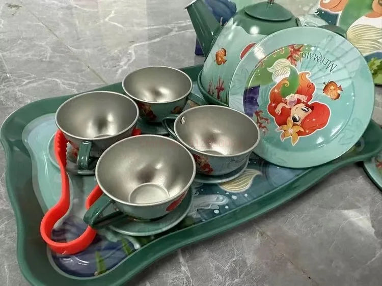 Kids Tea Party Set For Little Girls Mermaid Gift Pretend Toy Tin Tea Set Princess Tea Time Kitchen Pretend Play Tea Set Gift.