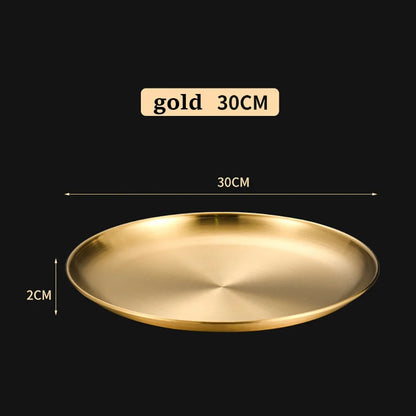 1Pcs Gold Stainless Steels Metal Round Plate Rust-Proof Shallow Tray Plate Camping Plate BBQ Picnic Dishes Cookware Tableware.