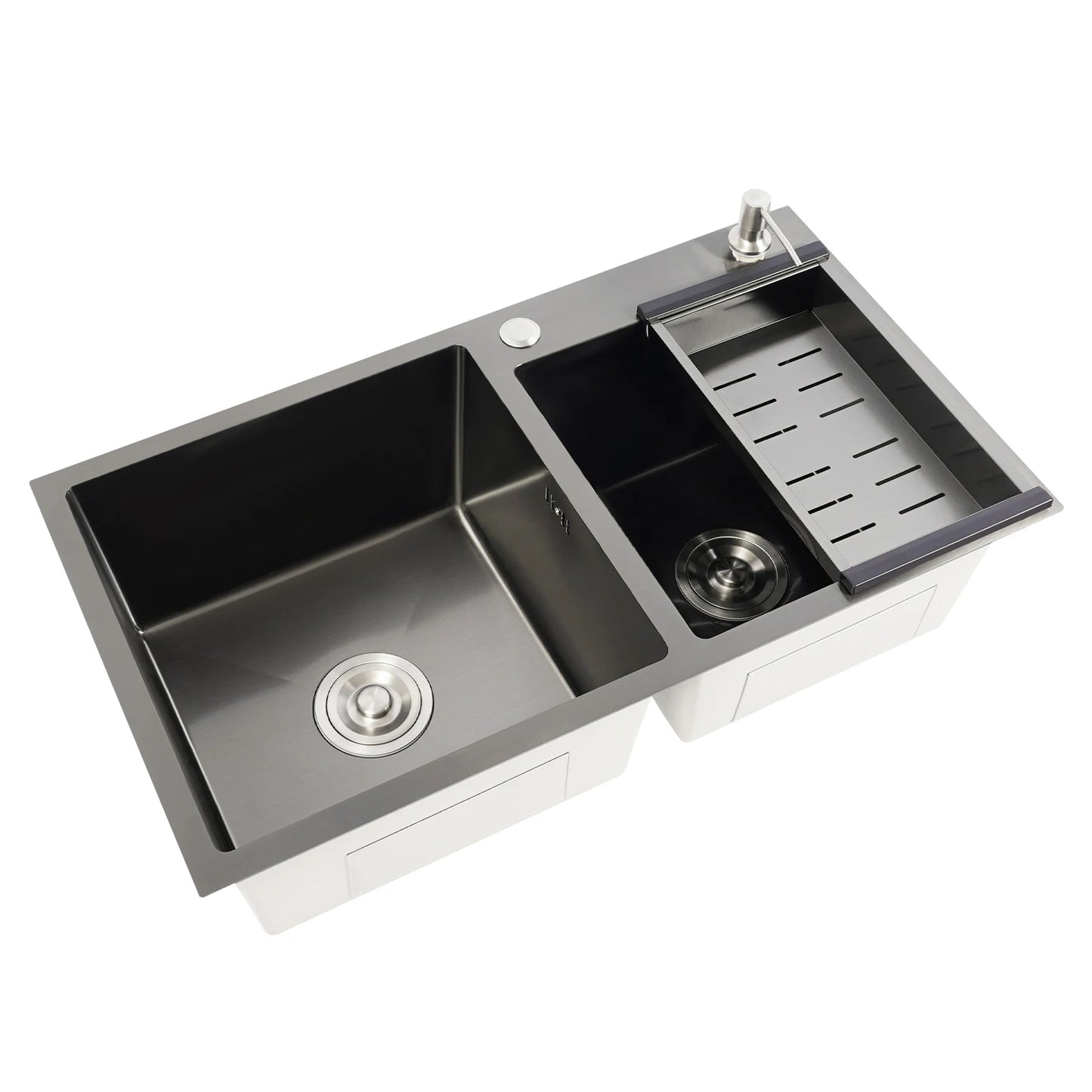 Edelstahlspüle, moderne Küchenspüle, Black Diamond 7843PB, Doppelspüle, Abfluss + Seifenspender zum Reinigen von Geschirr und Gemüse