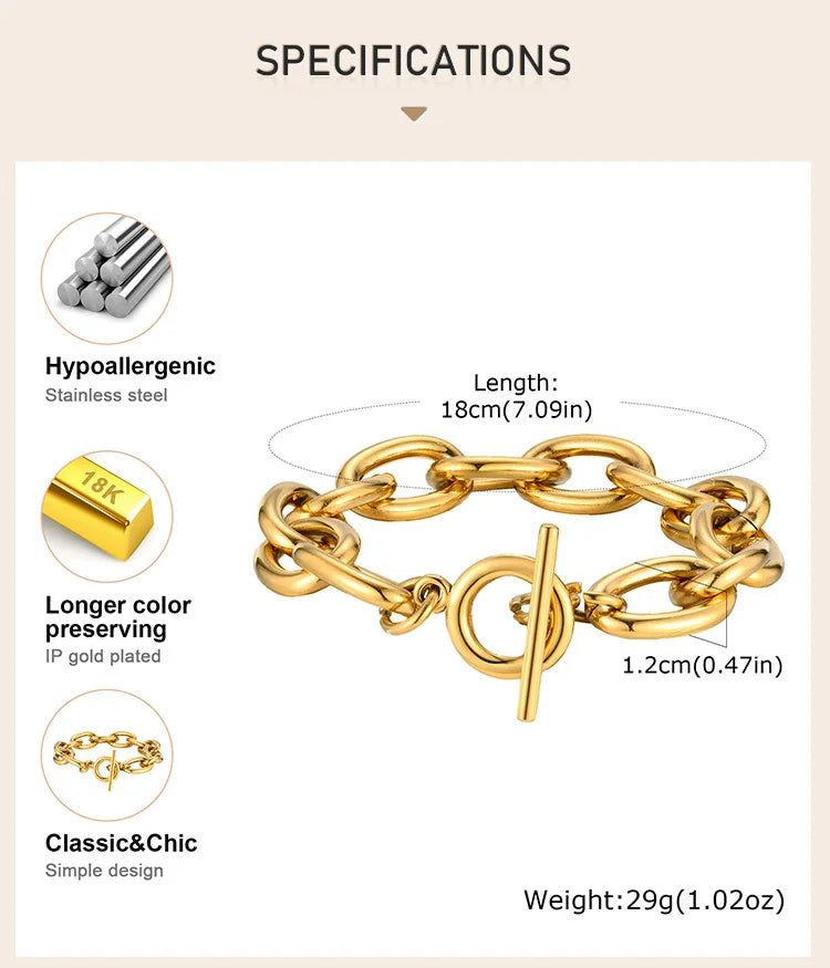 Chunky Bold Toggle Bracelets for Women, Stainless Steel OT Buckle Link Chain Bracelet Gold Plated Tarnish Free.