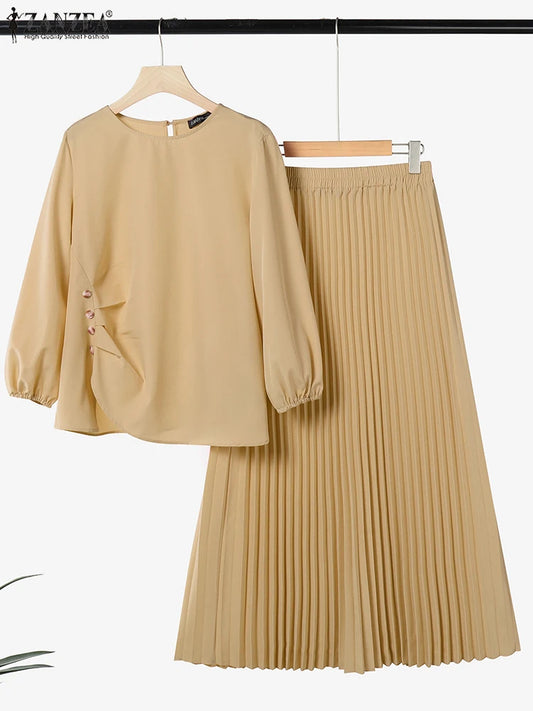 2025 ZANZEA 2PCS Autumn Outfits Casual Long Sleeve Tops Dress Suit Elegant Women 2 Piece Sets Muslim Tracksuits OL Matching Sets.