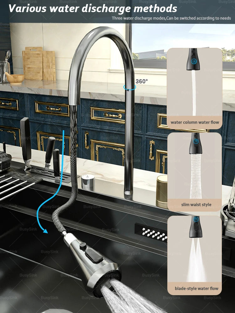 Stainless Steel Kitchen Sink Waterfall Outlet Faucet Multifunctional Large Single Slot Convenient Dishwashing and Vegetable Sink