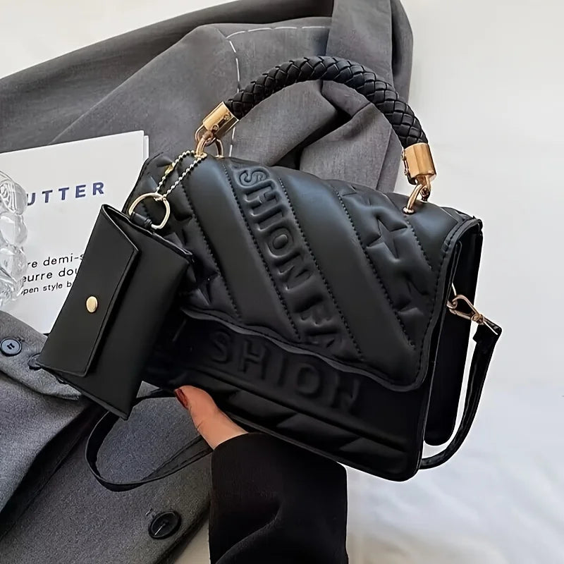 1pc Trendy Quilted Handbag with Adjustable Strap, Stylish Black Shoulder Purse for Women with Mini Coin Pouch, Crossbody Purse.