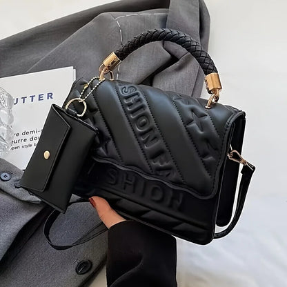 1pc Trendy Quilted Handbag with Adjustable Strap, Stylish Black Shoulder Purse for Women with Mini Coin Pouch, Crossbody Purse.