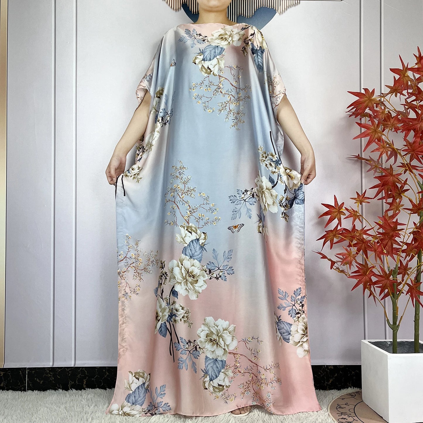 2024 New Dubai Summer Fashion For Women Printed Silk Soft Loose Femme Robe African Islam Maxi Woman Casual Dresses With Turban.