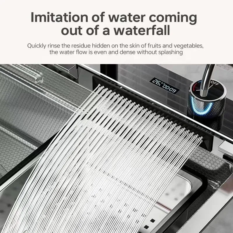 Silver Waterfalls Stainless Steel Kitchen Sink Multifunction Intelligent Digital Display Temperature Household Large Single Slot