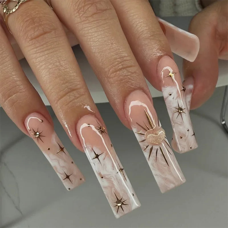 24Pcs 3D Long Ballet False Nails White Coffin Wave with French Design Wearable Fake Nails Gold Line Full Cover Press on Nails.