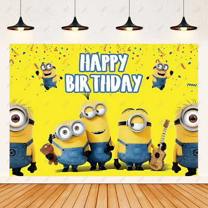 Cartoon M & Minions Geburtstag Party Dekoration Einweg Geschirr Tasse Teller Tischdecke Luftballons Gelb Große Augen Hintergrund Banner.