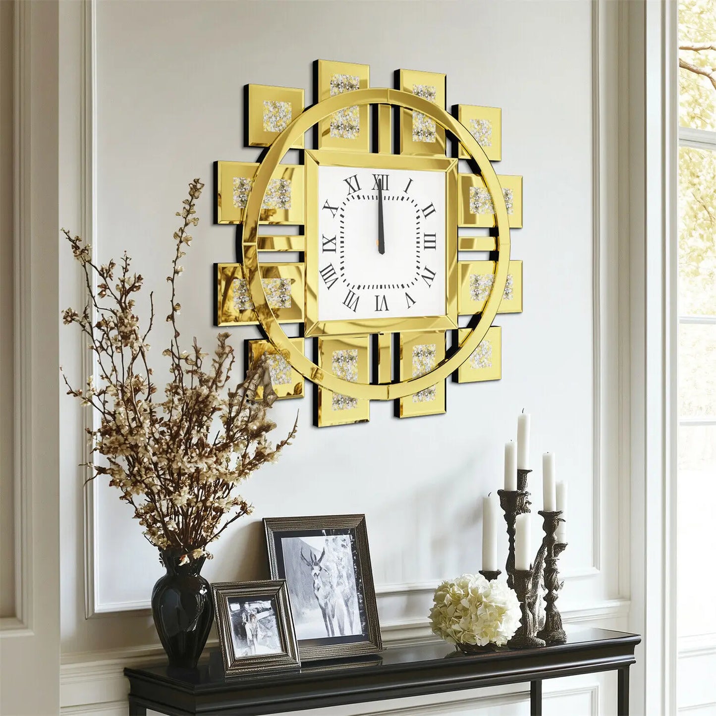 Wanduhr 60 cm/24 Zoll, runde Uhr mit zerkleinertem Diamant-Dekor, abgeschrägter Spiegelkantenrahmen, golden/silber, für Einstieg, Wohnzimmer, Büro