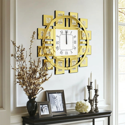 Wanduhr 60 cm/24 Zoll, runde Uhr mit zerkleinertem Diamant-Dekor, abgeschrägter Spiegelkantenrahmen, golden/silber, für Einstieg, Wohnzimmer, Büro