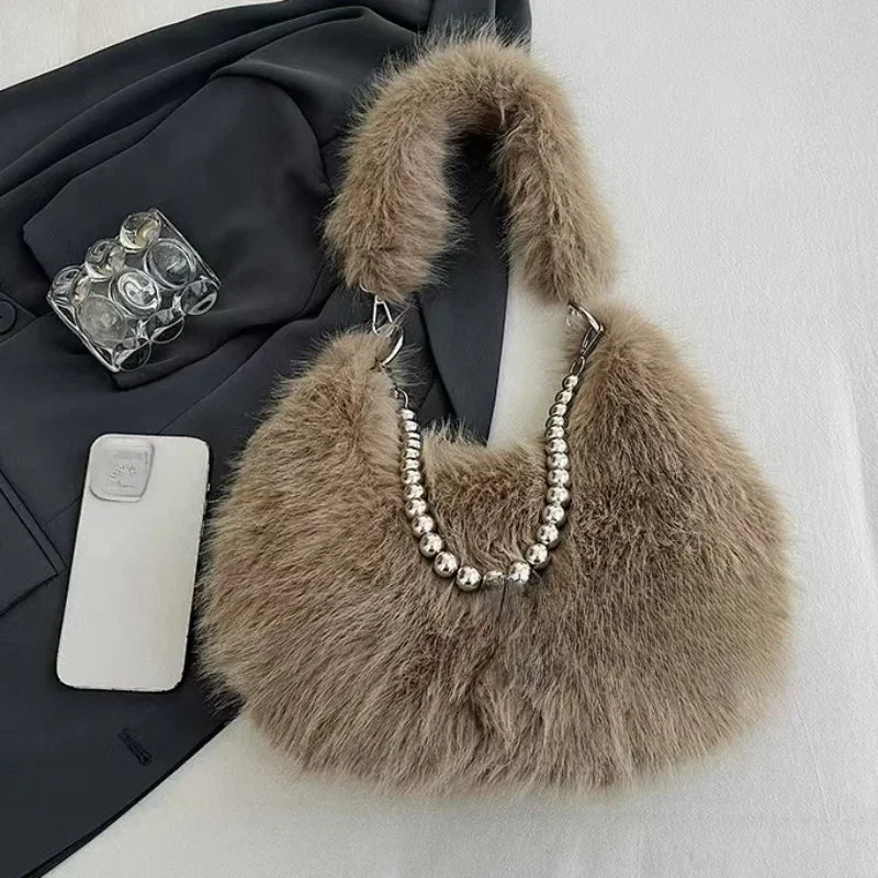 Luxurious Faux Fur Tote Bag Chic Underarm Shoulder Bag Stylish Handbag & Purse with Pearl Chain Strap, Polyester Lined Interior.