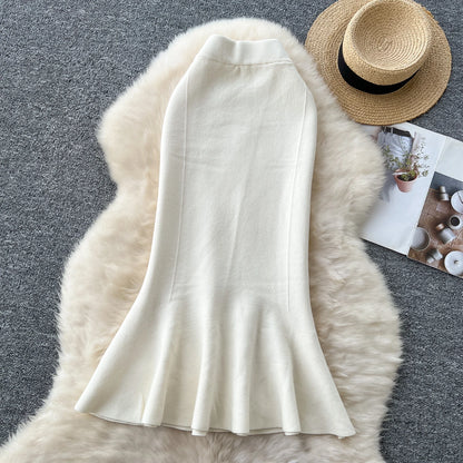 High Waisted Vintage Knitted Skirt Women Ruffled Slit Fishtail Office Midi Skirts Autumn Winter Woolen Skirt.
