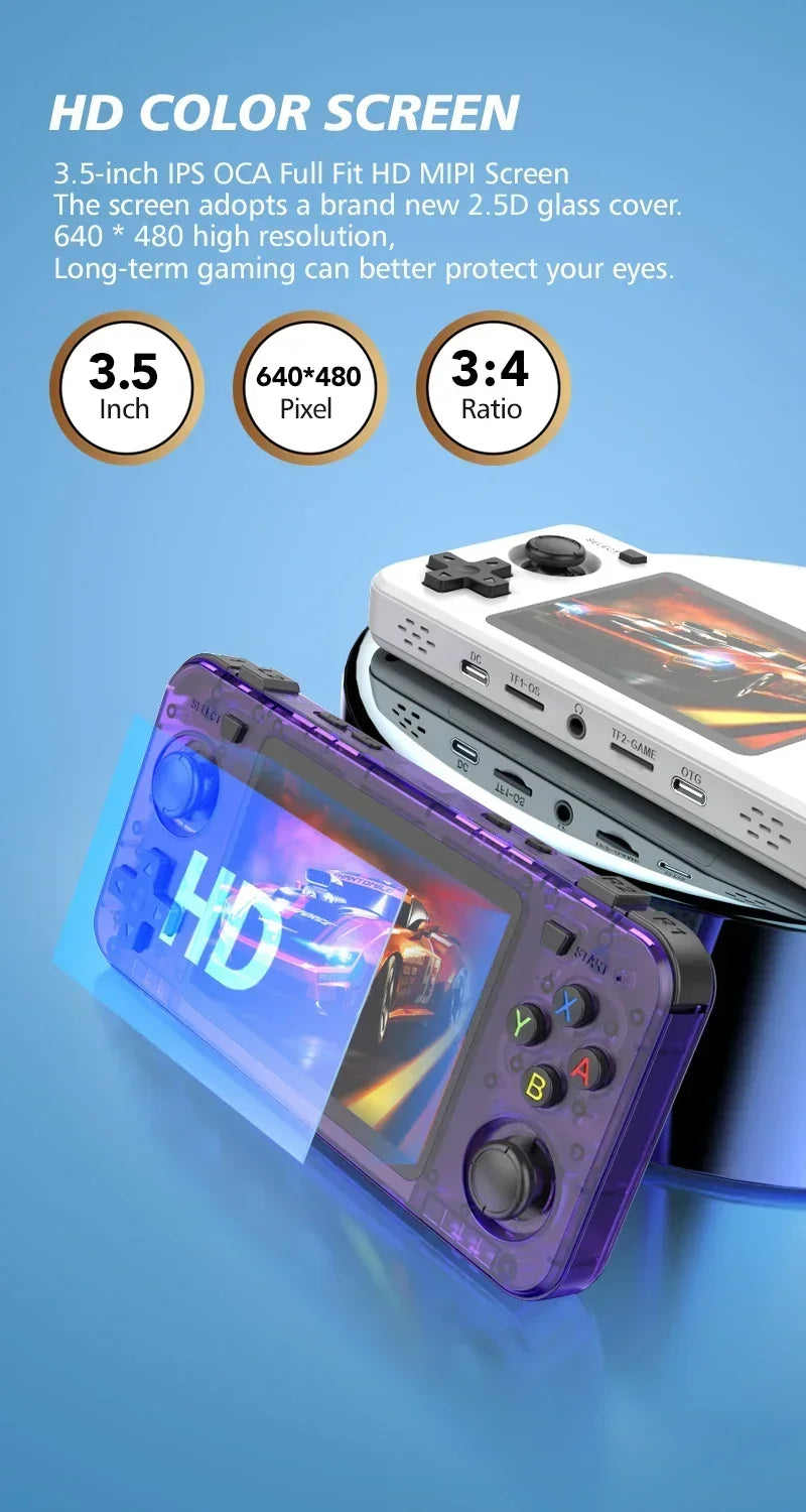 15000+ Ready Games! 3.5" IPS Retro Handheld Console RK3326, 3000mAh Long Play original ARKOS Blue R36H 64GB 128GB.