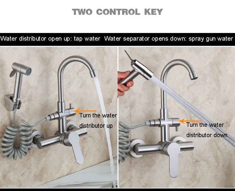 Kitchen Faucet Stainless Steel Double Hole Hot and Cold Mixing Tap Wall Mount Balcony Laundry Swivel Tap With Spray Gun 주방수전