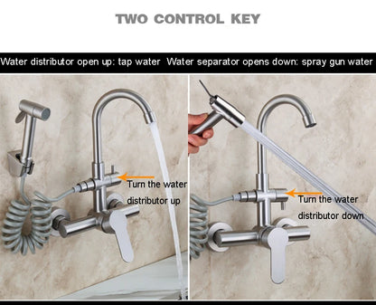 Kitchen Faucet Stainless Steel Double Hole Hot and Cold Mixing Tap Wall Mount Balcony Laundry Swivel Tap With Spray Gun 주방수전