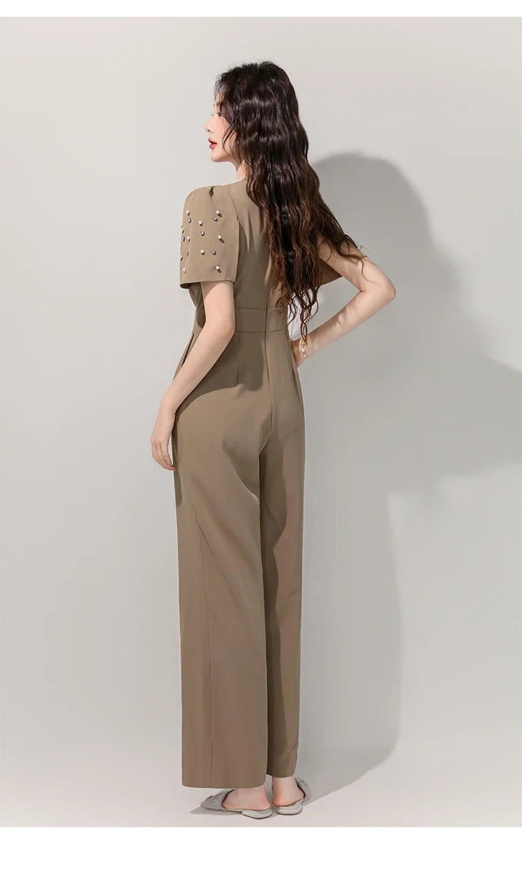 Women's Luxury Diamond-Studded Jumpsuit – Slim Fit Wide Leg Palazzo Pants, Autumn Short Sleeve Romper with High Waist.