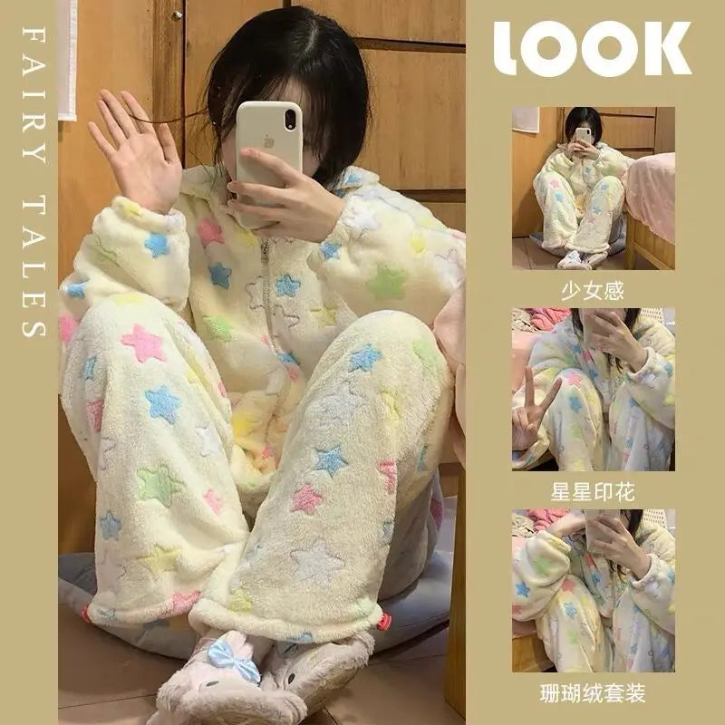 Y2k Star Printed Pajama Sets Women Winter Coral Velvet Soft Warm Loose Gentle Girlish Kawaii Student Dormitory Sleepwear Comfort.