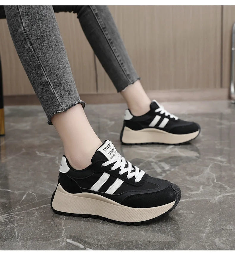 Spring Thick Bottom Women's Shoes 2025 Summer Casual Patchwork Leather Sneakers Casual Vulcanised Shoes Ladies Chaussure Femme