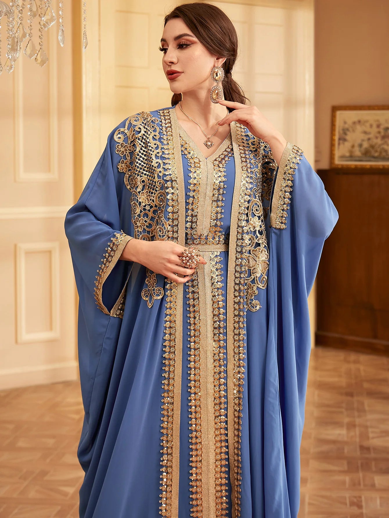 Ramadan Sequins Dubai Abayas Arab Tunics Batwing Sleeve Dresses For Women Gala Two pieces Moroccan Elegant Kebaya.