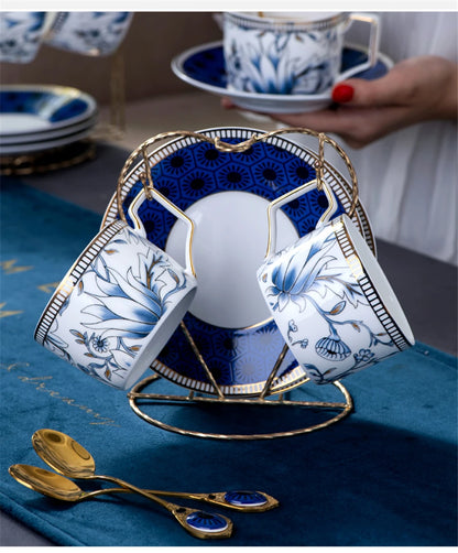 Elegant Cup and Saucer Set Bone China Sugar Jar Milk Jug Coffee Pot Set Cyan Magnolia Home English Mug Teaset Dessert Plate.