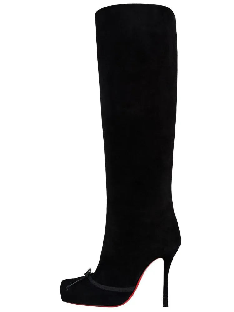 European and American Fashion Niche High-heeled Square Toe Side Zipper Knee High Bow Boots Women's Versatile Banquet Shoes.