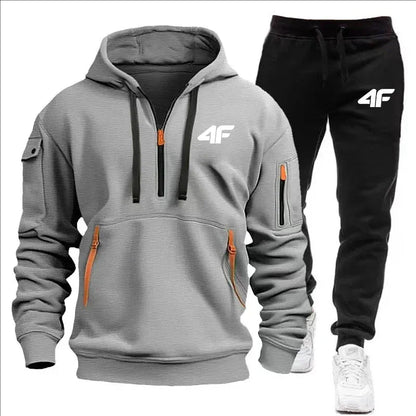 Autumn and winter casual jogging sportswear with zipper hood and multiple pockets, 2-piece set, large-sized S-3XL men's suit