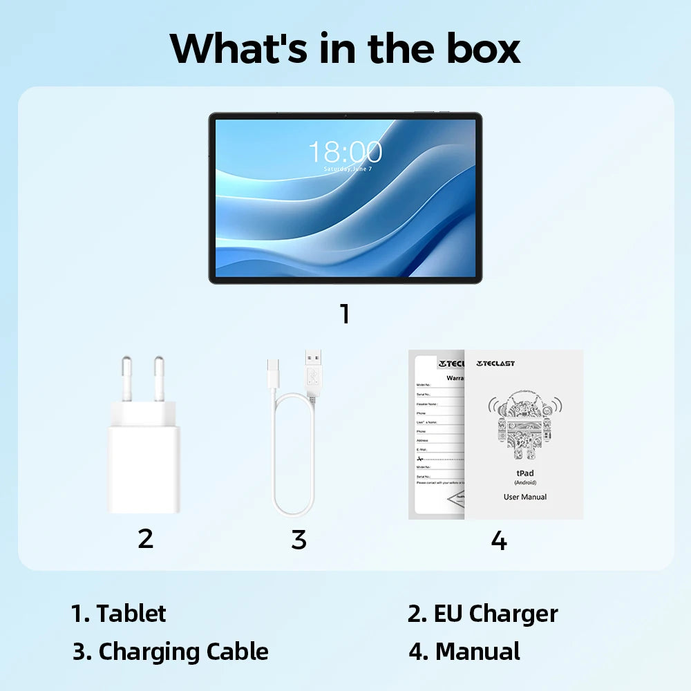 Teclast P50 Android 14 Tablet 11" IPS Max 14GB RAM 128GB ROM Unisoc T606 8-core 13MP Camera 8000mAh Type-C 4G LTE TÜV Rheinland.