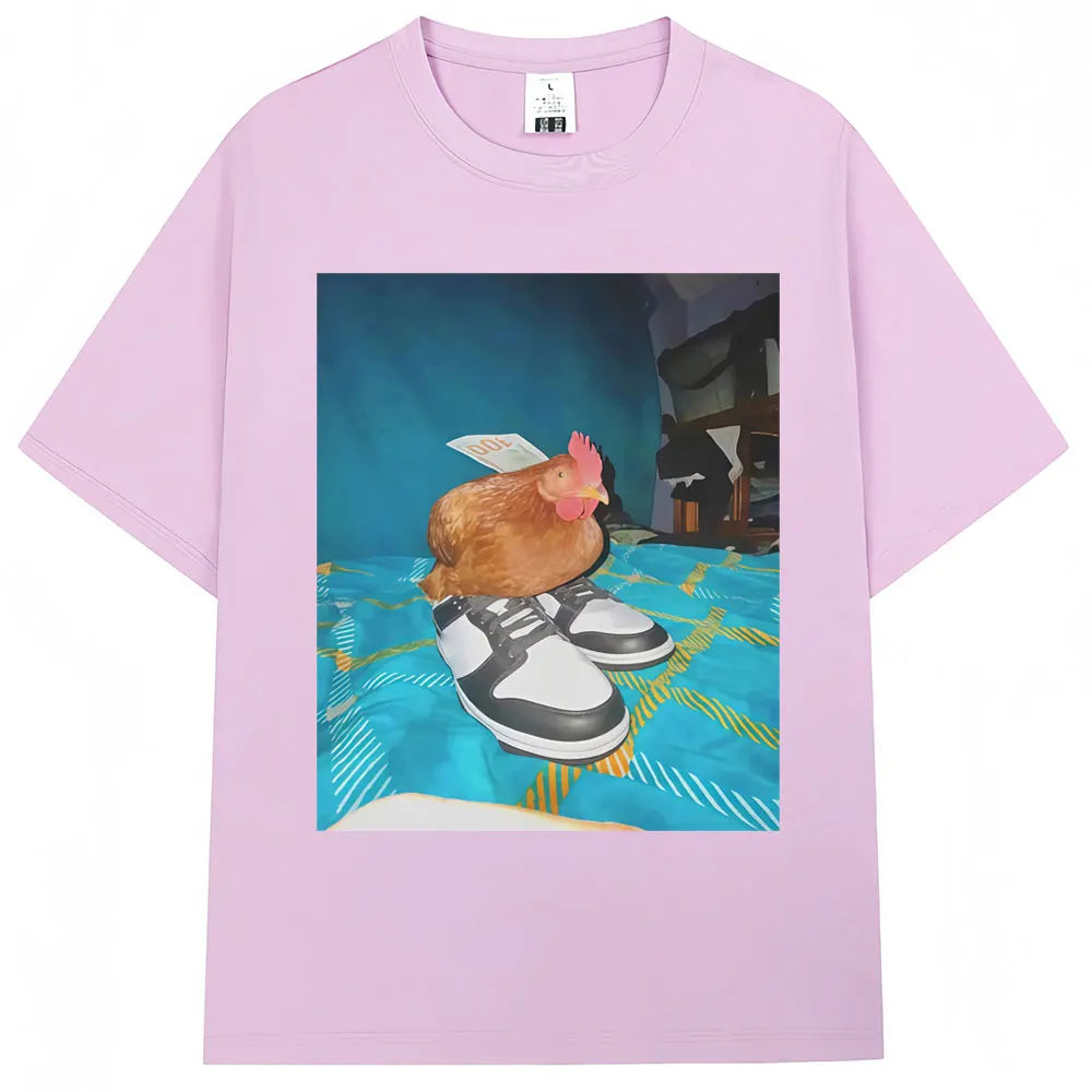 Funny Dripped Out Chicken Meme Print T-shirts Humor Chicken with Shoes Men Women T Shirt Creativity Popular Loose Cotton T-shirt.