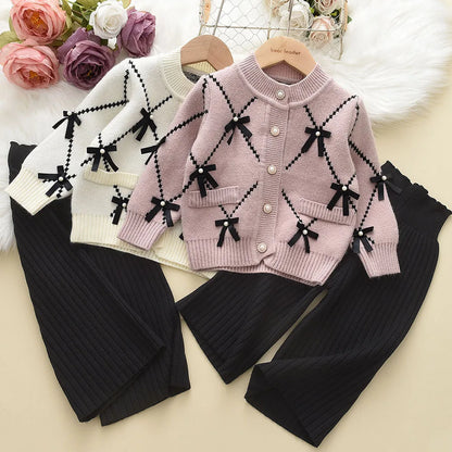 Bear Leader Bow Baby Sweatshirt + Pants 2pcs Set New Children Knitting Outfit for 2-6Years Kids Tracksuit Winter Girls Clothes.