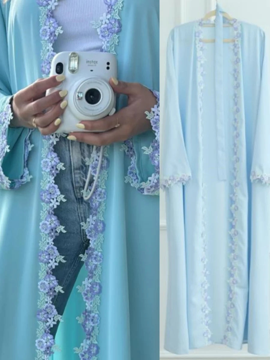 Muslim Women Dubai Abaya Bow Embroidery Blue Cardigan Long Dress Kaftan Ramadan Robe Femme African dresses Islam Clothing Kebaya.