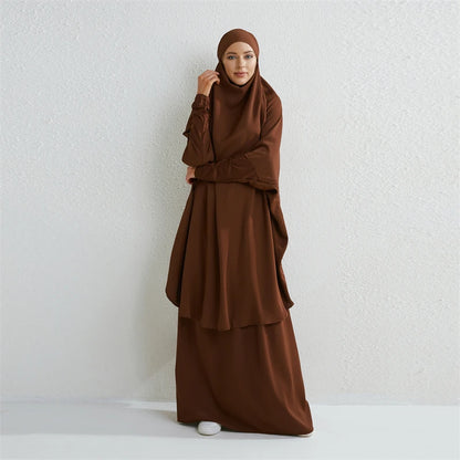 Muslim Sets Two Pieces Prayer Clothing Long Hooded Smocking Sleeve Shirts Hijab Loose Maxi Skirts Elastic Waist Women Abaya Sets.