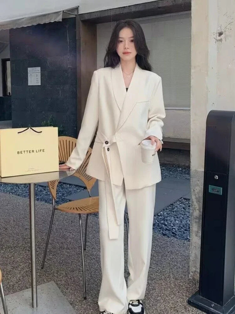 Women's Fashion Office Suit Set Casual Oversized Blazer And Wide Leg Pants Two-Piece Long Sleeve Top Bottoms Combo