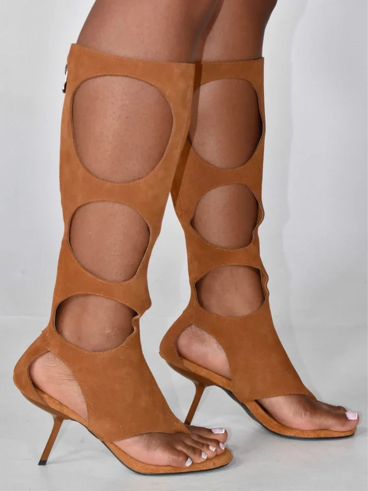 2025 New Luxury Women's Knee-High Boots | Real Horsehair Cut-Out Stiletto Heel & Rear Zipper | Evening Party Club Dress Shoes