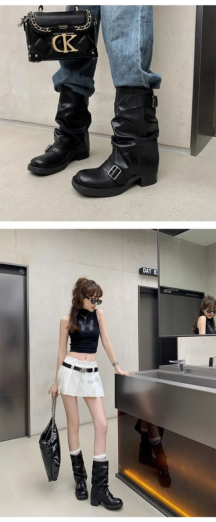 Pleated Buckle Knight Boots for Women Autumn Brown PU Leather Mid Calf Boots Woman Slip-On Thick Heel Riding Botas Mujer 2024