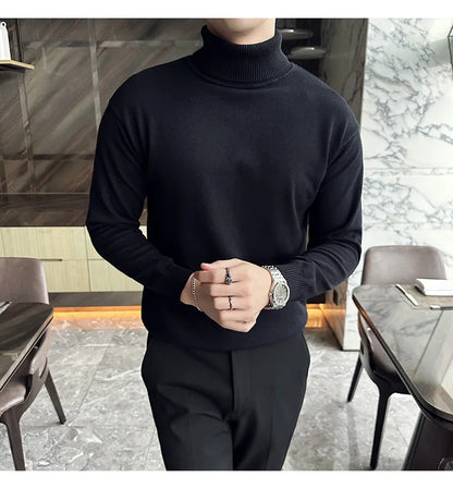 Korean Fashion Autumn Winter Sweaters Men Pullovers Fleece Turtleneck Knitted Sweatshirt Warm Bottoming Shirts.