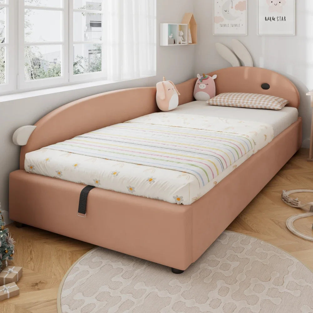 Polsterbett, Einzelbett, Babybett, niedlicher Hasenkopf, hydraulisches Bett mit Stauraum, erhöhter weicher Zaun, Samt, rosa + weiß, 90 x 200 cm