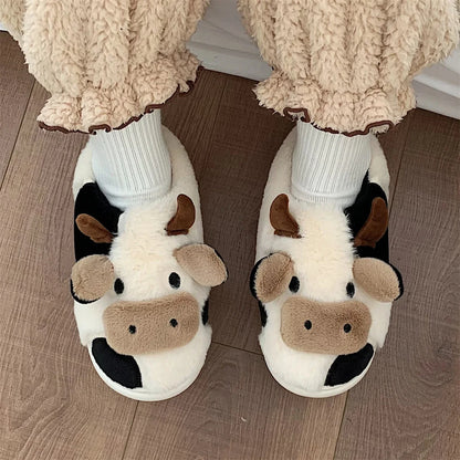 Shevalues Plush Cartoon Milk Cow Slippers Winter Women Slippers Furry Non-Slips Women Cotton Slides Couples Soft Cozy Flat Shoes.