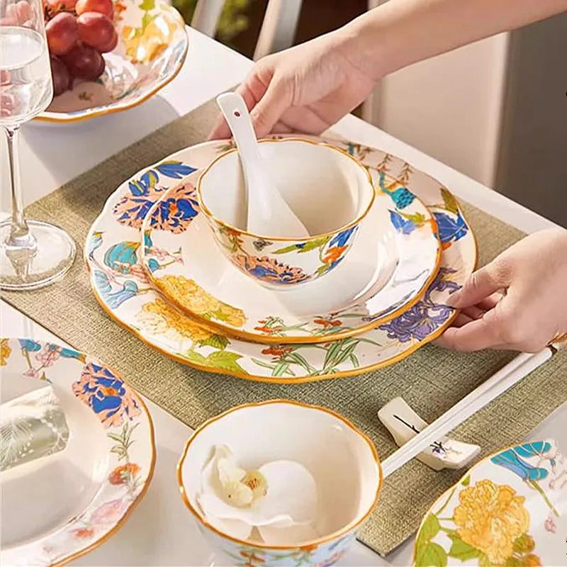 1PC Chinese-style Ceramic Plates New Flower-patterned Dinner Plates Ceramic Fruit Salad Plates Exquisite Kitchen Accessories.
