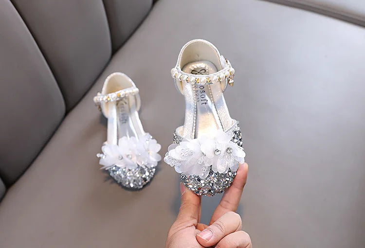 Fashion Children's Sandals 2024 Spring Summer Shining Flowers Sweet Girl Princess Shoes Dance Performance Kids Sandals J191.