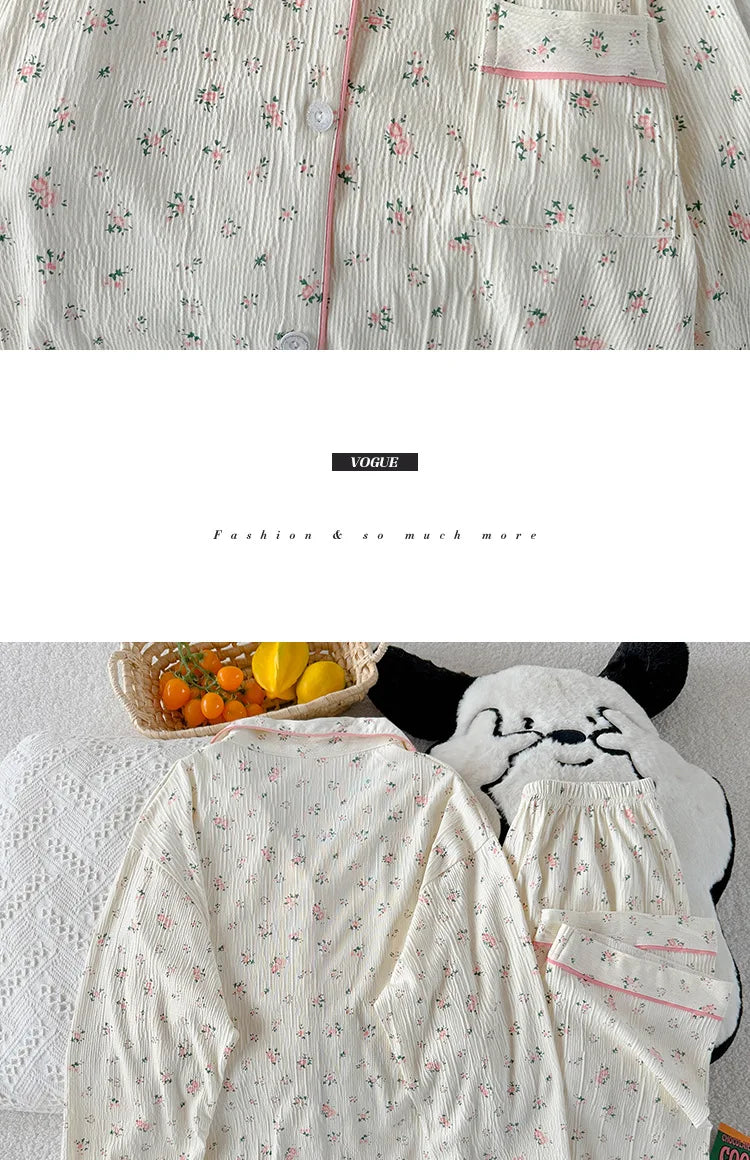 Sweet Little Floral Pajamas Women's Spring and Autumn Long Sleeves New High-Value Niche Pajamas Loungewear Wrinkle Cloth Set.