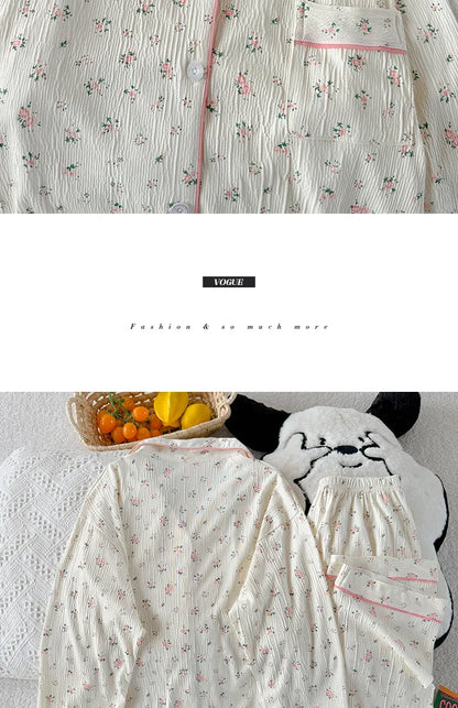 Sweet Little Floral Pajamas Women's Spring and Autumn Long Sleeves New High-Value Niche Pajamas Loungewear Wrinkle Cloth Set.