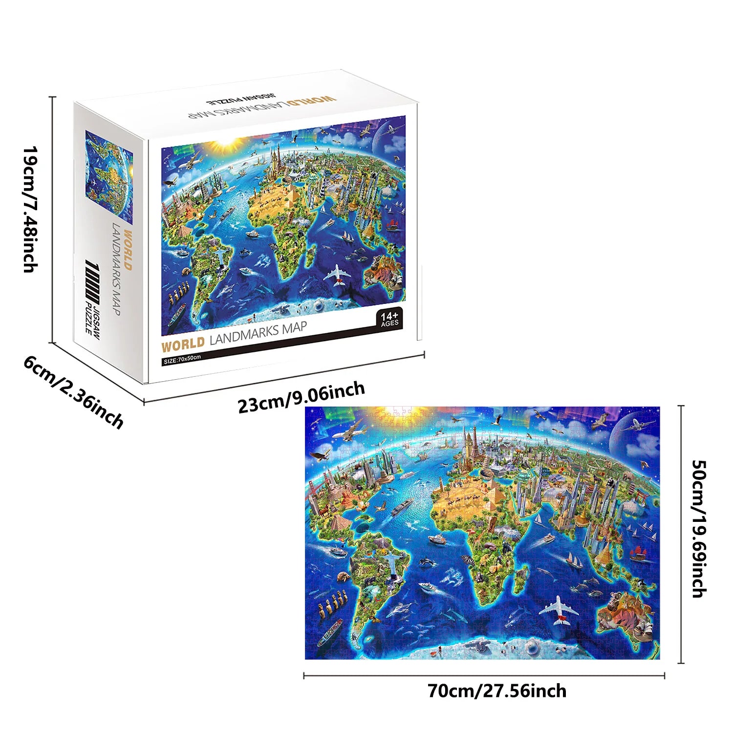 1000 Pieces World Landmarks Map Jigsaw Puzzles for Adults Home Decor Games Family Fun Floor Puzzles Educational Toys for Kids.